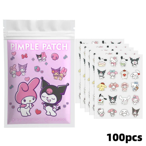 Pimple patch sticker pack with purple cartoon pouch and stacked white character sheets (100 pcs)