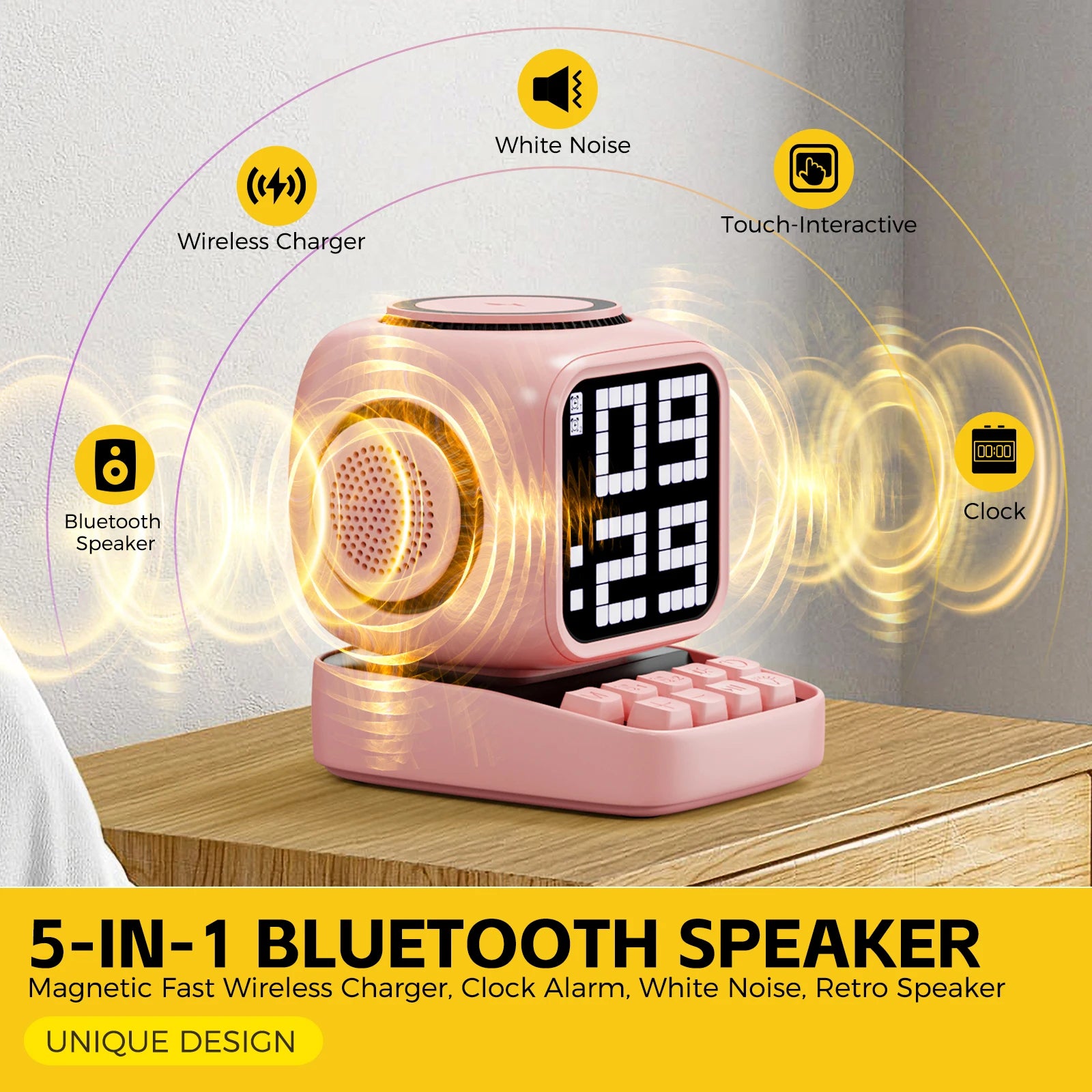 Portable Bluetooth Speaker with 15W Wireless Charger and LED Clock Tidesmit