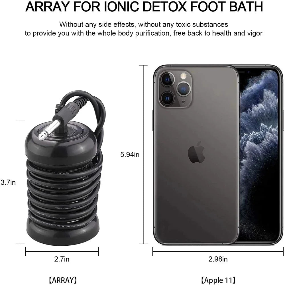 Black ionic detox foot spa array with coiled cable, shown with size dimensions compared to an Apple 11 smartphone.