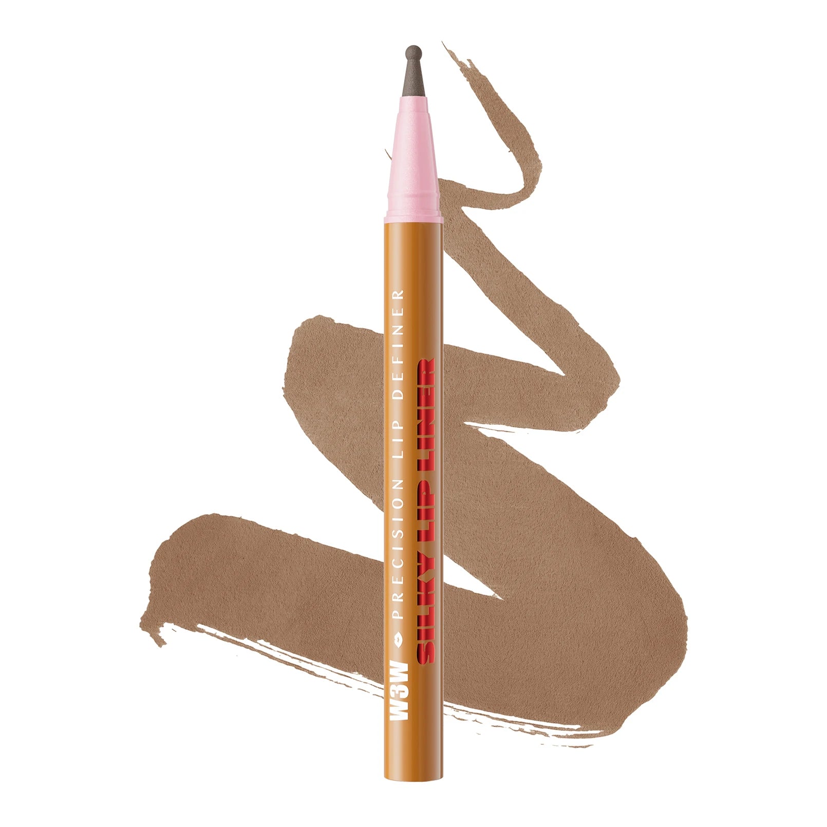 Waterproof matte brown lip liner pencil with precision tip and matching liquid lipstick swatch on white background.