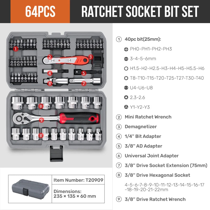 Hi-Spec 1/4" Drive Quick-Release 40 in 1 Ratchet Socket Bit Set Cr-V Steel Phillips/Slotted Screwdrivers for Repair & Hand Tools
