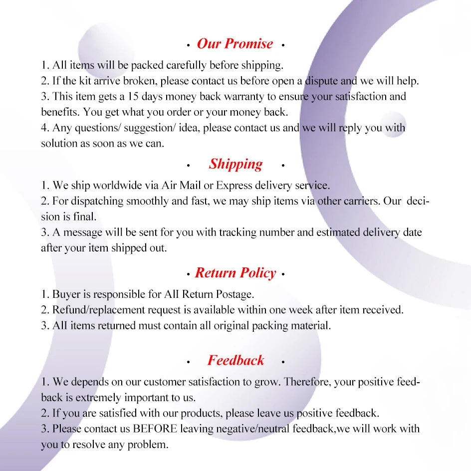 Informational text listing store policies: Our Promise, Shipping, Return Policy, and Feedback on a white background.