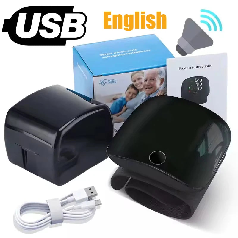Touch Screen LED Rechargeable Wrist Blood Pressure Monitor English Voice Broadcast Tonometer BP Monitor Pulse