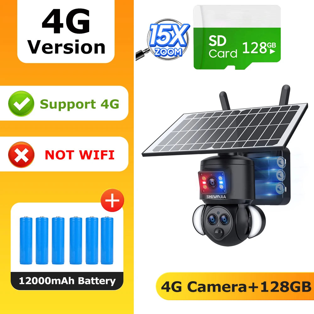 Solar dual-lens security camera with solar panel, dual-lens turret, and front status light.