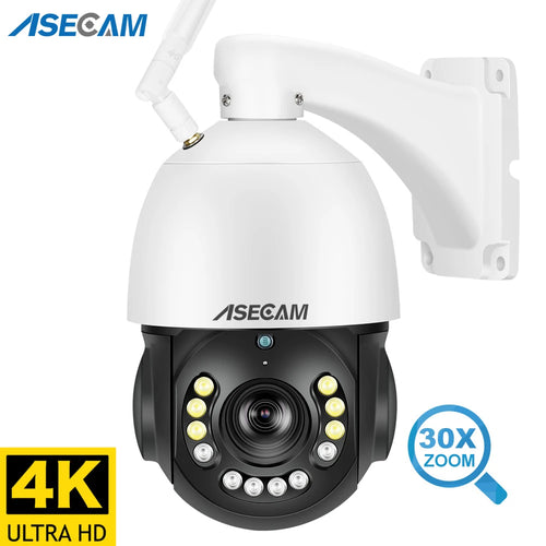 White PTZ IP security camera with black lens module and ring of LEDs