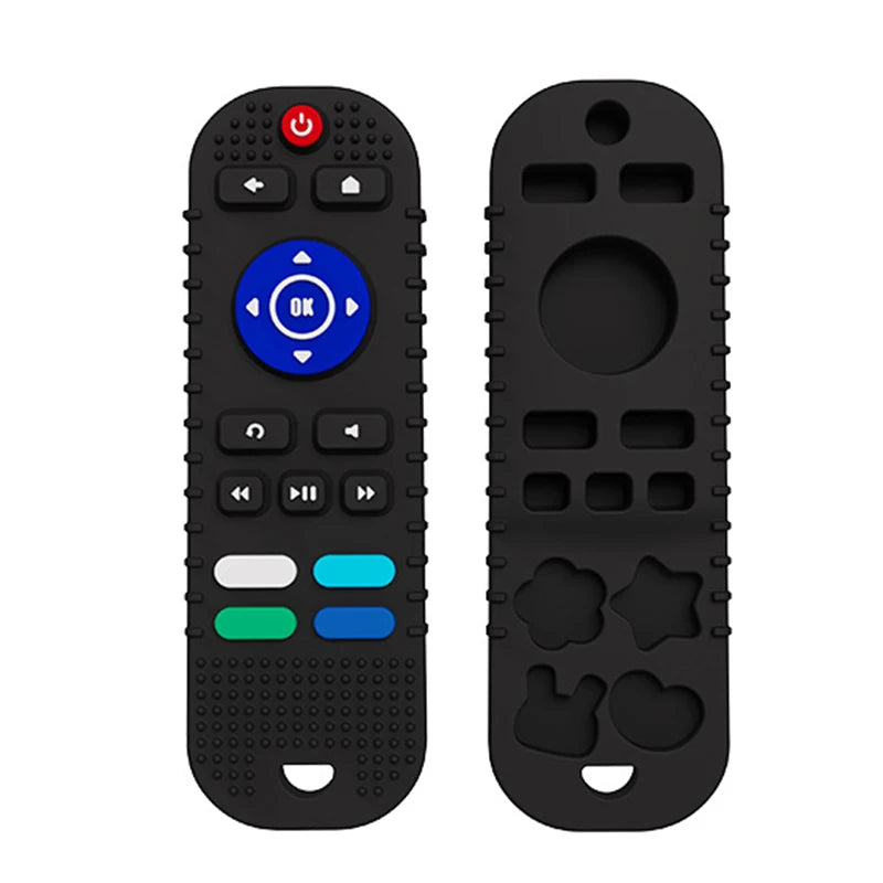 Black silicone remote control baby teething toy for soothing infant gums.