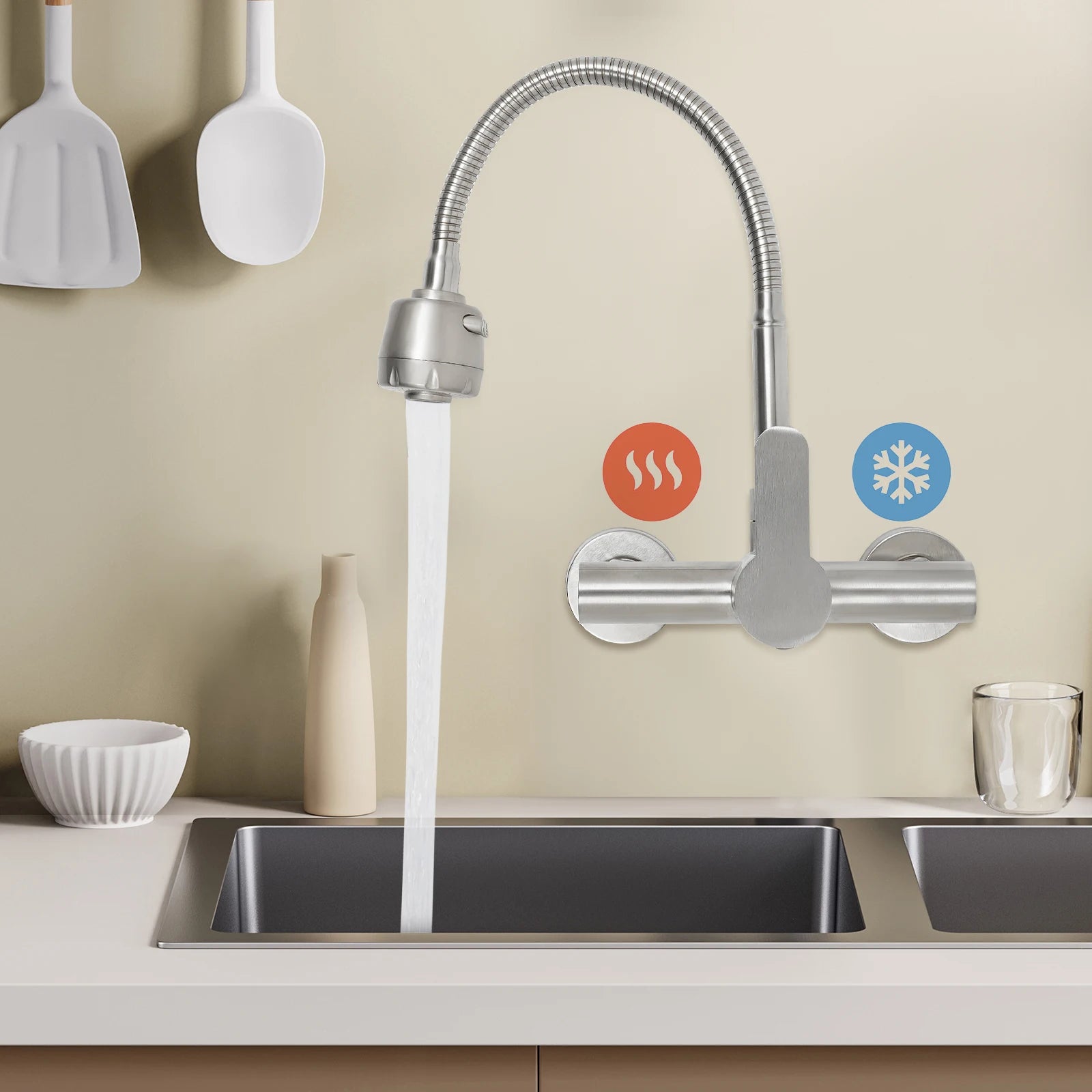 360° Rotatable Faucet with 2 Water Modes, Wall Mounted Kitchen Faucet, Hot and Cold Water Tap for Kitchen Bathroom