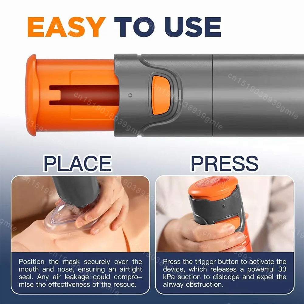Portable anti-choking emergency suction device for adults and children, featuring gray and orange design with mask.