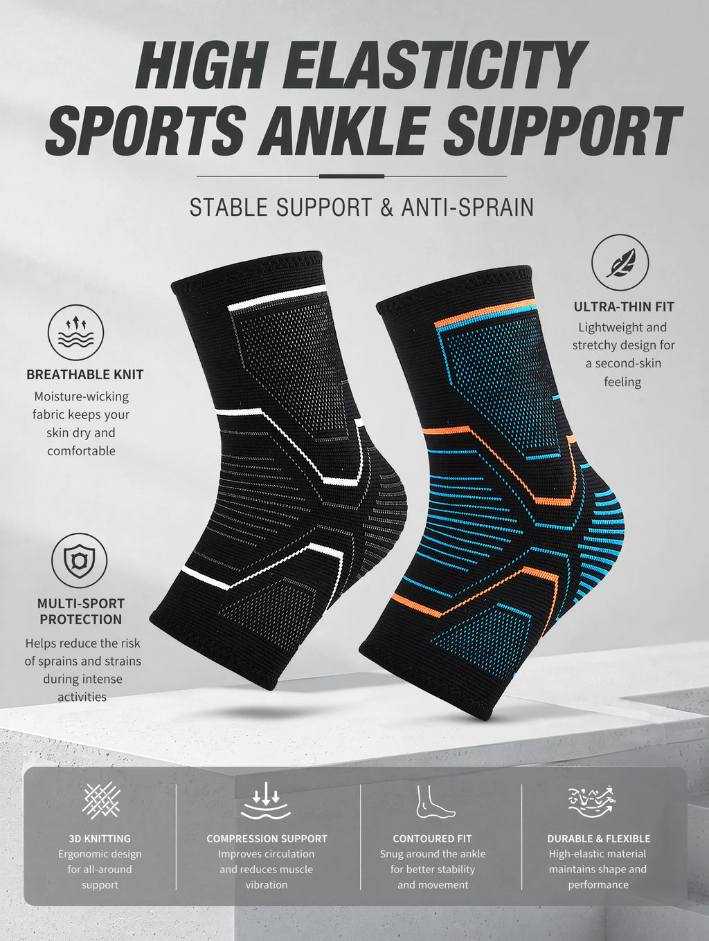 Ankle Brace Support Sleeve 3D Compression Ankle Protector Anti-Sprain Breathable Elastic for Running Basketball Gym Fitness Men