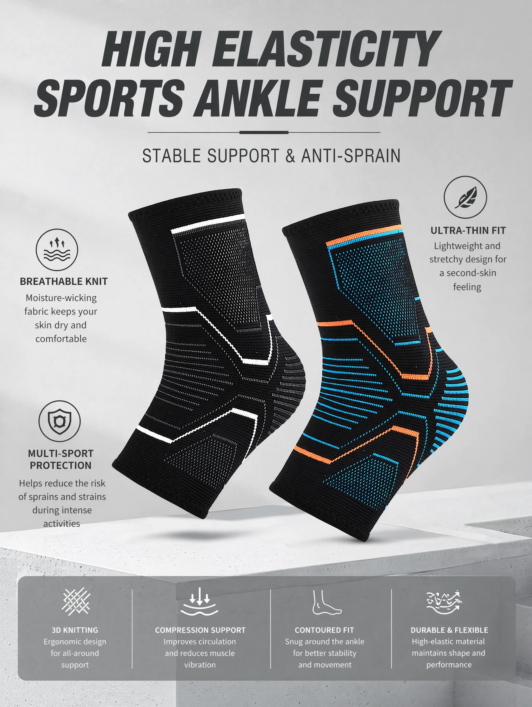 Ankle Brace Support Sleeve 3D Compression Ankle Protector Anti-Sprain Breathable Elastic for Running Basketball Gym Fitness Men