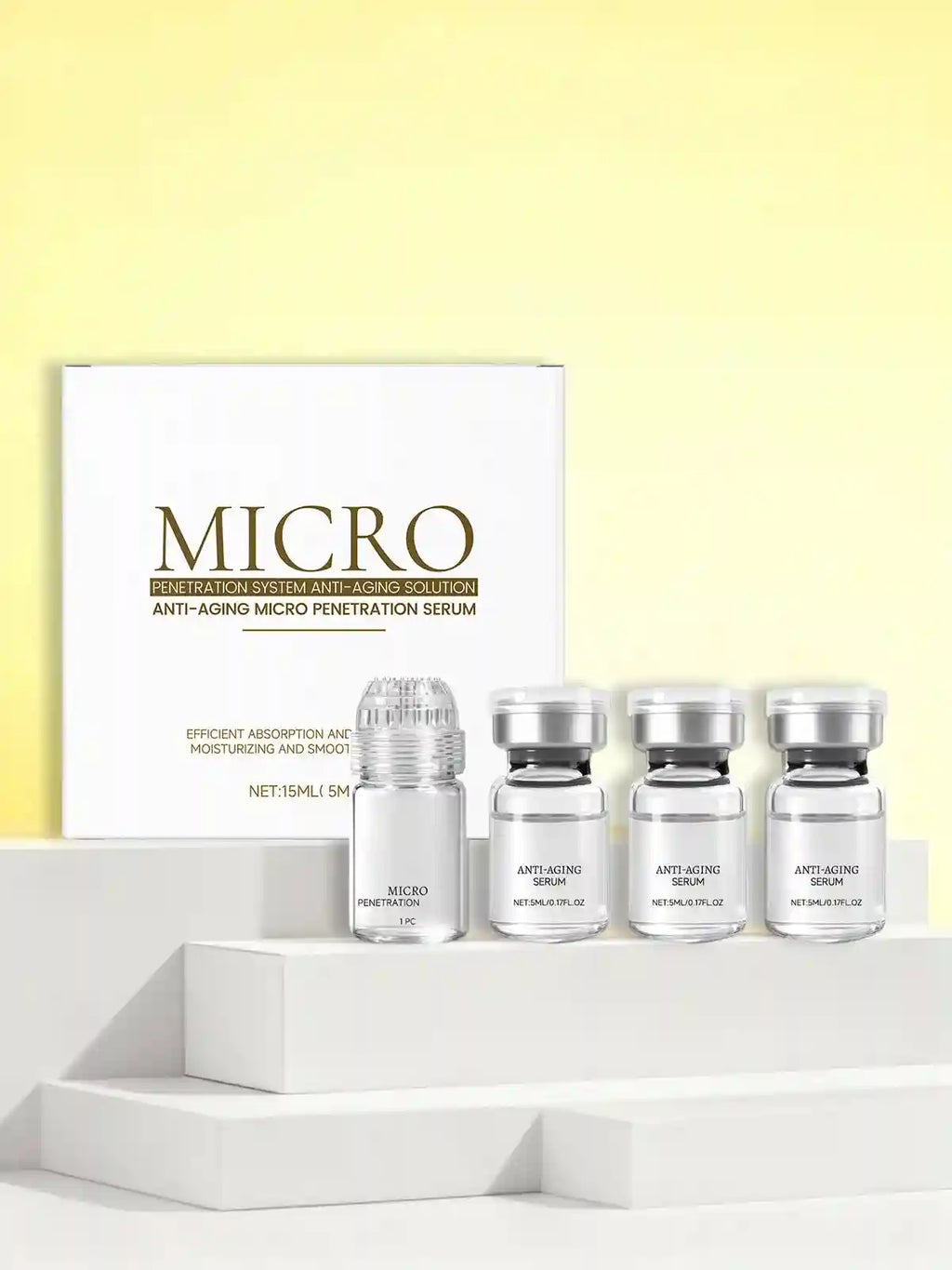Collagen anti-aging serum set featuring a white product box and four small clear glass vials with silver caps.