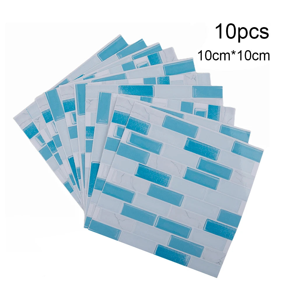 Set of 10 self-adhesive 3D mosaic tile wall stickers, light blue and white brick design.