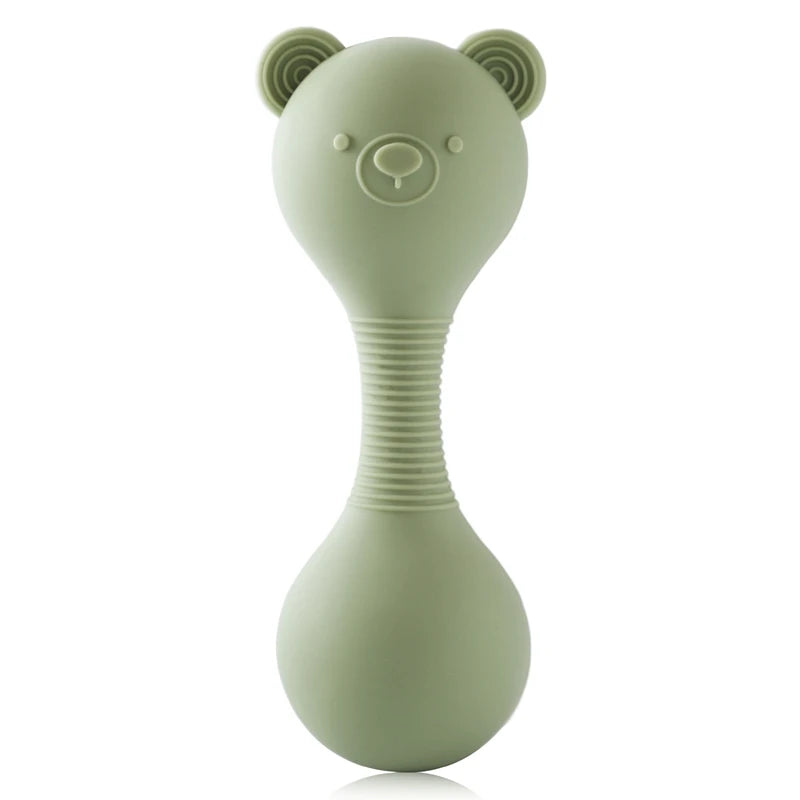 Sage green silicone bear baby teething toy for soothing sore gums.