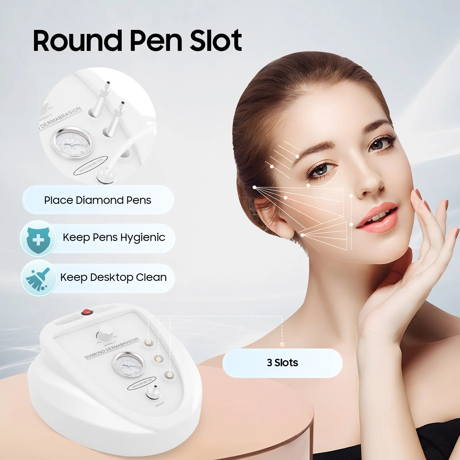 White diamond microdermabrasion machine for home or salon use with vacuum gauge, suction controls, and pen slots.