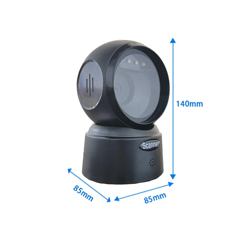 Black desktop barcode scanner with dimensions marking on base and head