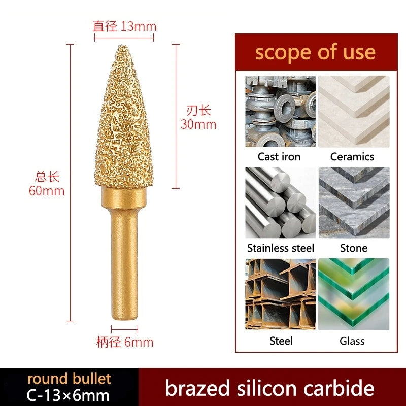Brazed silicon carbide grinding head, pointed round-bullet cone on 6 mm shank; gold; 13 mm.