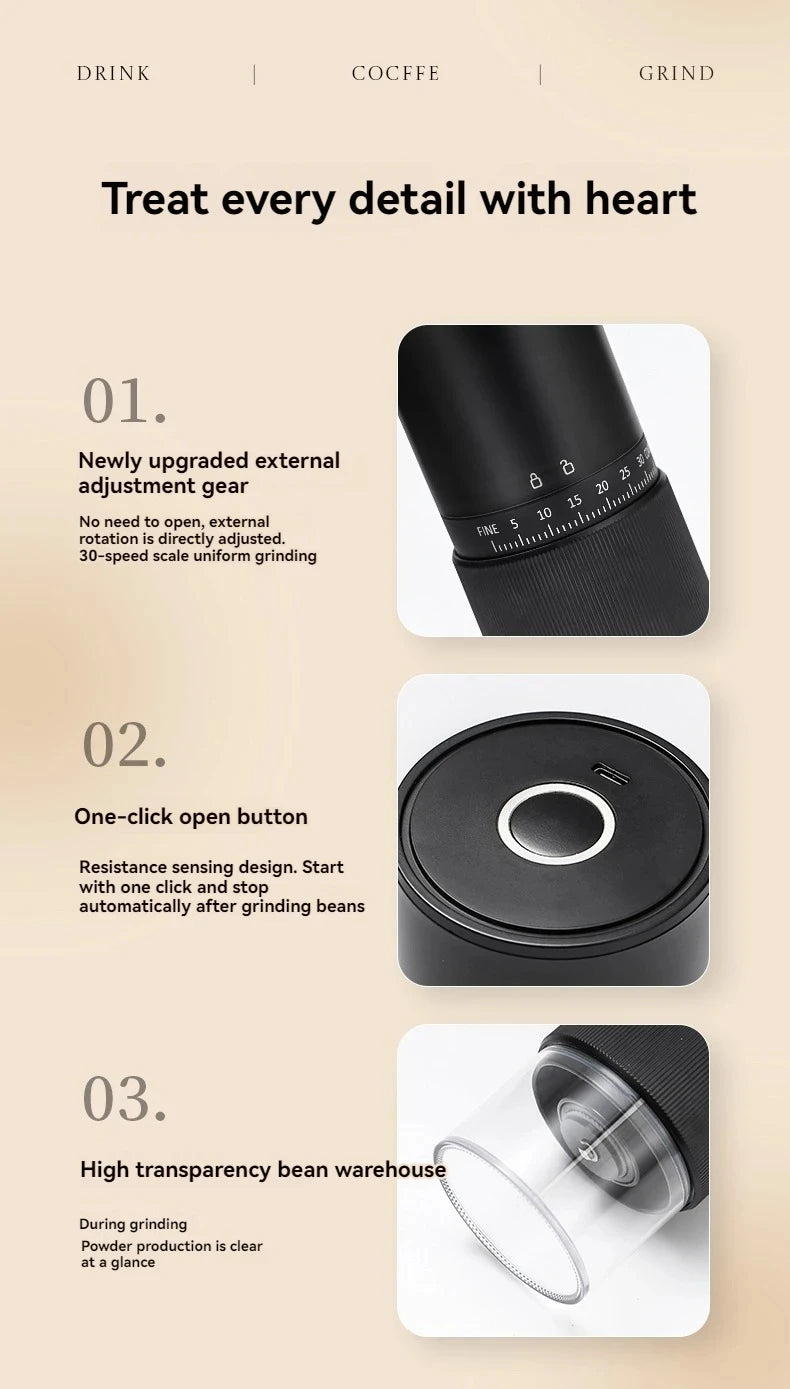 Black electric coffee grinder with 30-speed external adjustment gear, one-touch button, and transparent bean hopper.