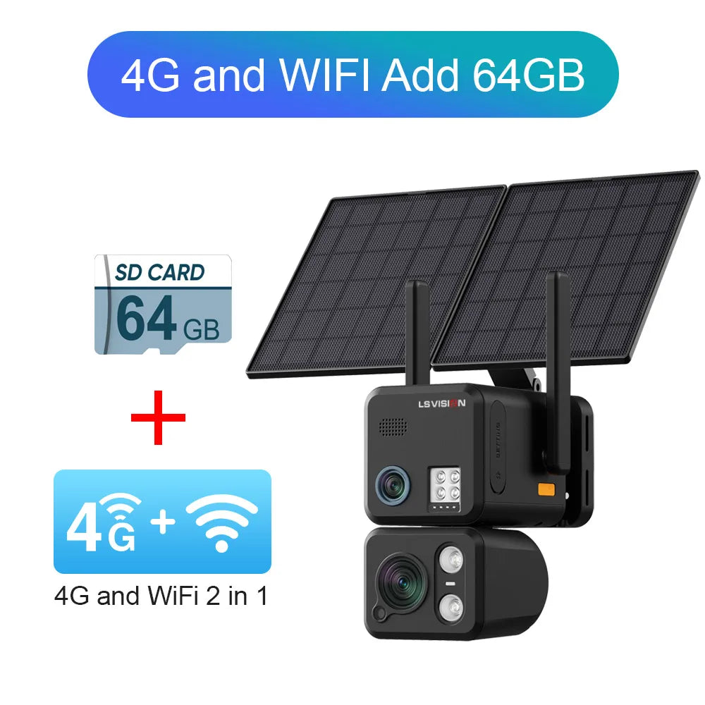 Solar-powered 4G WiFi dual-lens security camera with two solar panels and SD card storage