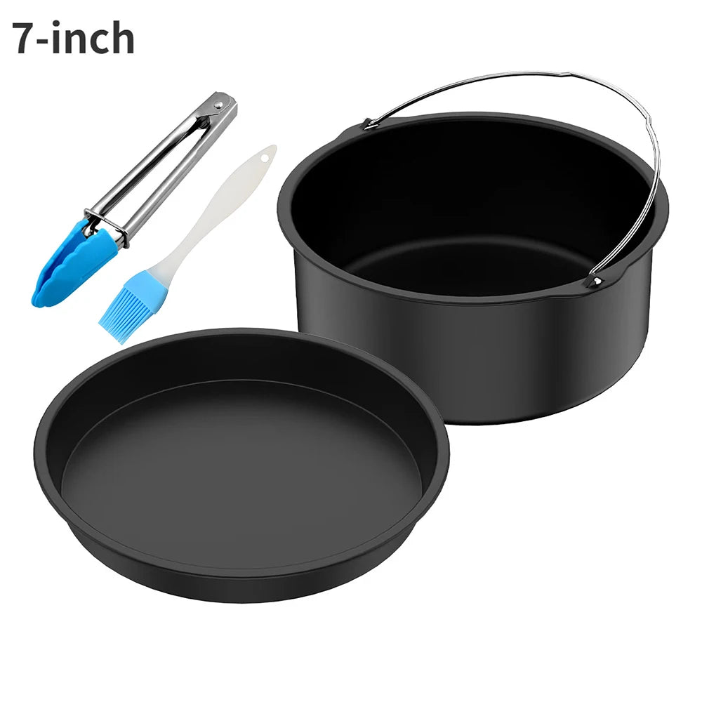 7-inch air fryer baking pan set with two pans, brush, and spatula