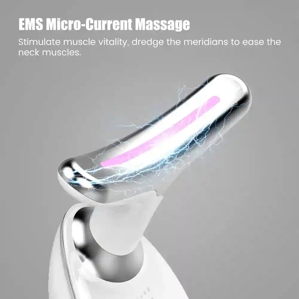 Silver and white EMS facial massager with a curved head, glowing pink light, and digital lightning effect overlays.