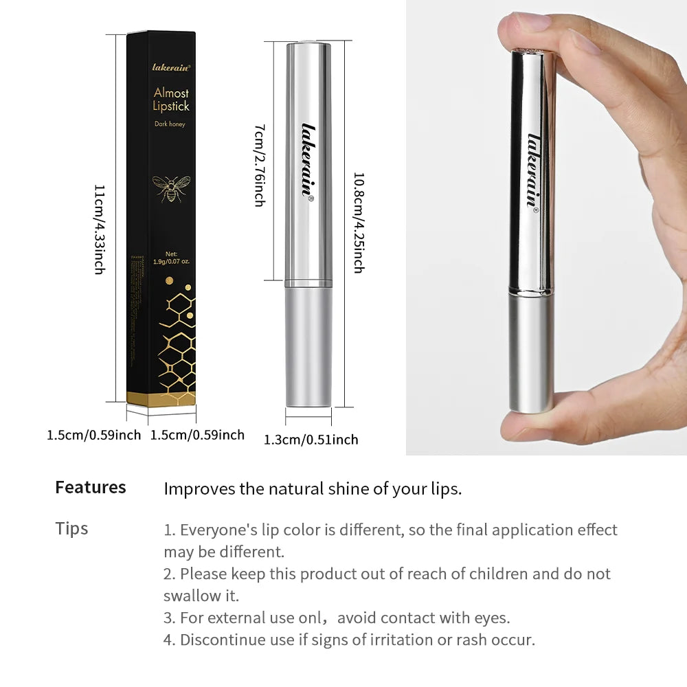 Lakerain dark honey tinted lipstick in a sleek silver tube. Nourishing, non-stick lip balm for a glossy finish.