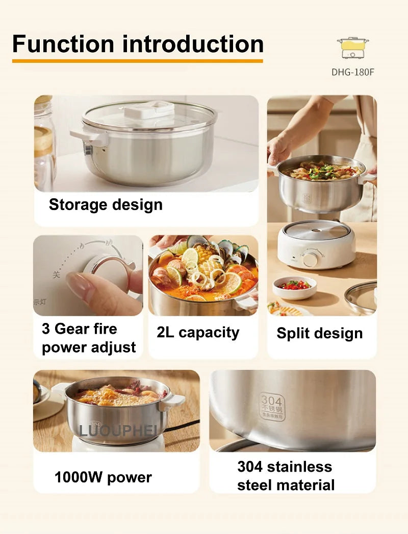 Electric hot pot featuring split design, 3 heat settings, and 304 stainless steel bowl