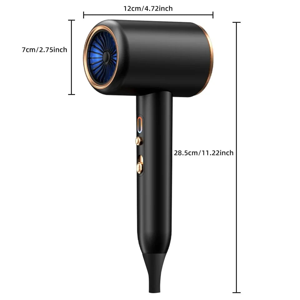 Black high-speed hair dryer with gold accents, constant temperature settings, and turbine motor for quick salon drying.