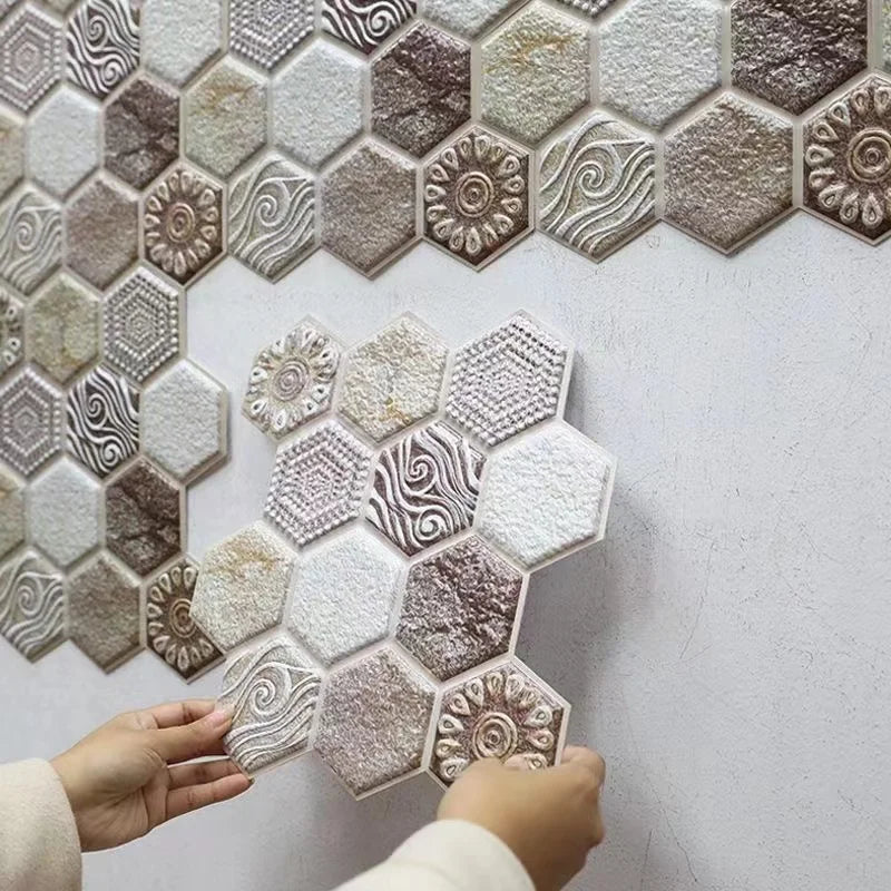 Peel-and-stick backsplash tile sheet with hexagon mosaic pattern in light gray and beige