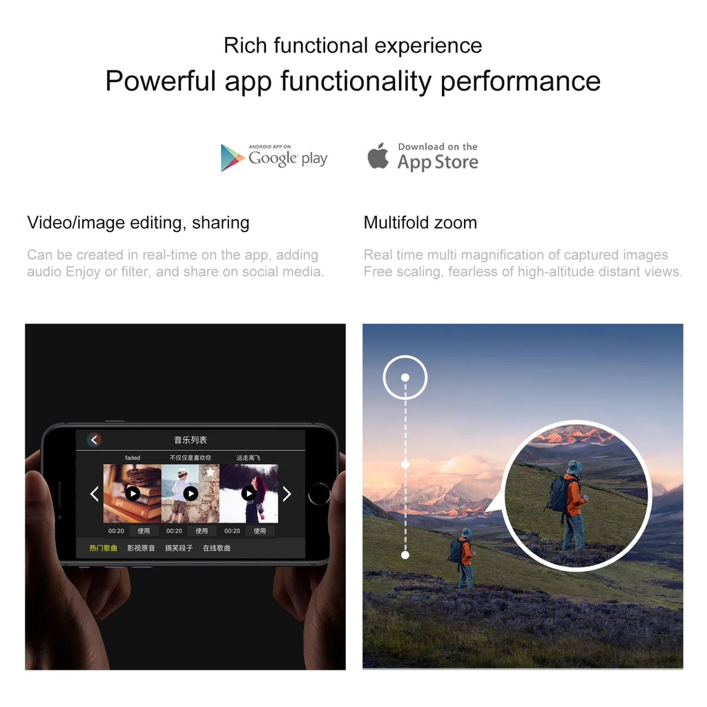 Smartphone displaying a drone control app with video editing tools and real-time multifold zoom interface.