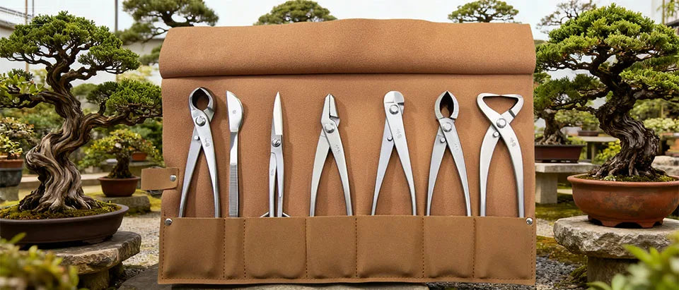 TianBonsai NBK-07/NMK-07 7-Piece Bonsai Tool Set Leather Storage Roll Bag for Bonsai Pruning, Shaping and Maintenance