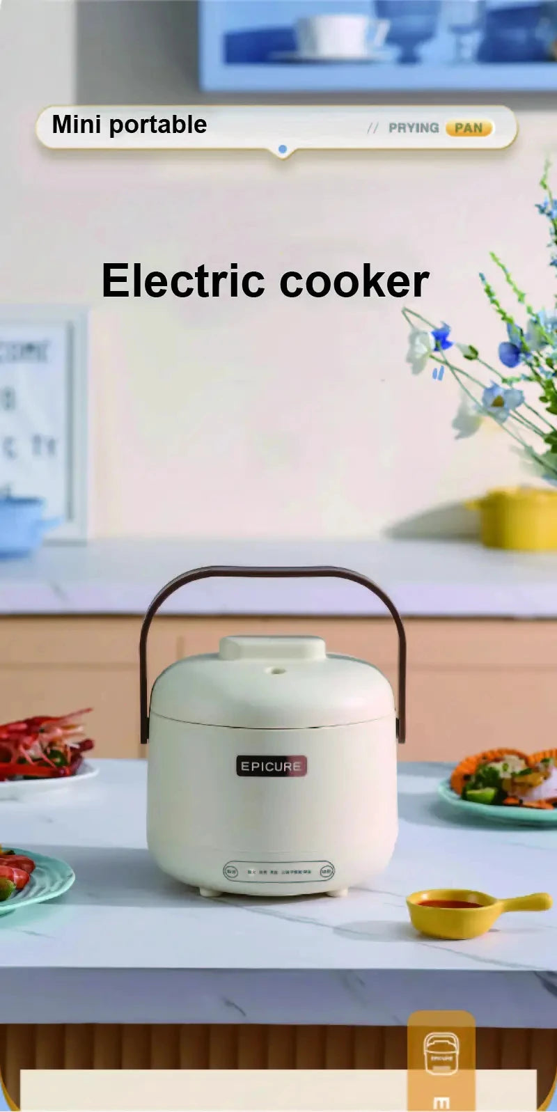 White mini portable electric cooker with carry handle on countertop, EPICURE