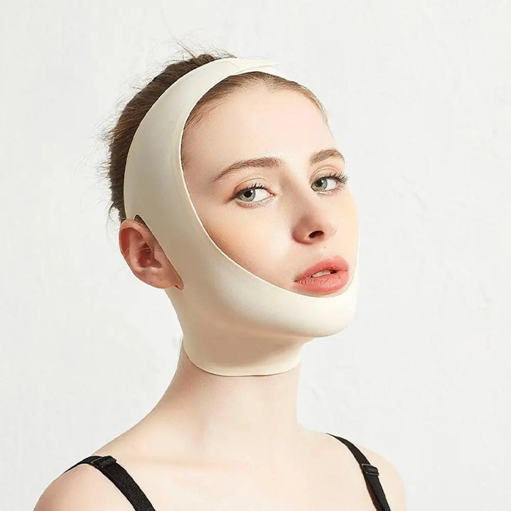 A woman wearing a beige, breathable V-line face slimming bandage strap that lifts the chin and jawline.