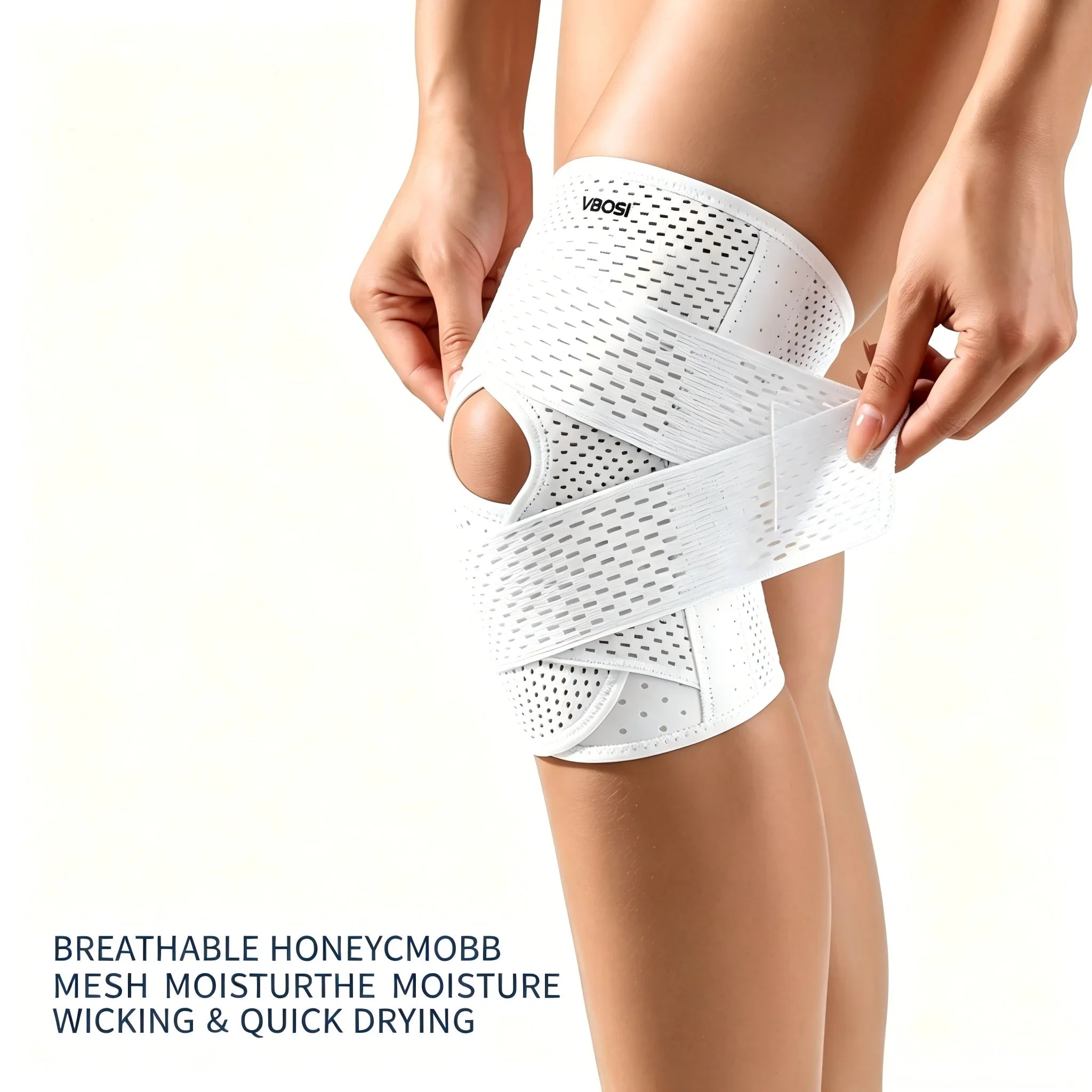 VBOSI Adjustable Breathable Knee Brace with Open Patella Compression Strap Sports Support for Running Gym Knee Pain Relief White