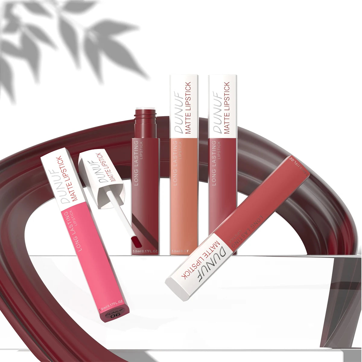 8-piece DUNUF matte liquid lipstick set featuring nude, red, and mauve shades with a long-lasting, non-stick finish.