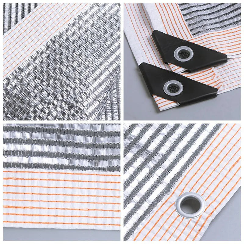 Aluminum foil sunshade net screen with silver woven texture, orange stripes, metal grommets