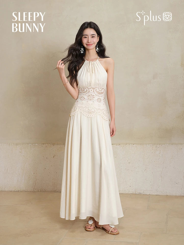 Lace Halter Maxi Dress Women Summer A-Line Slim Fit French Style Elegant Long Dress Hollow Out Sleeveless Fake Two-Piece Outfit