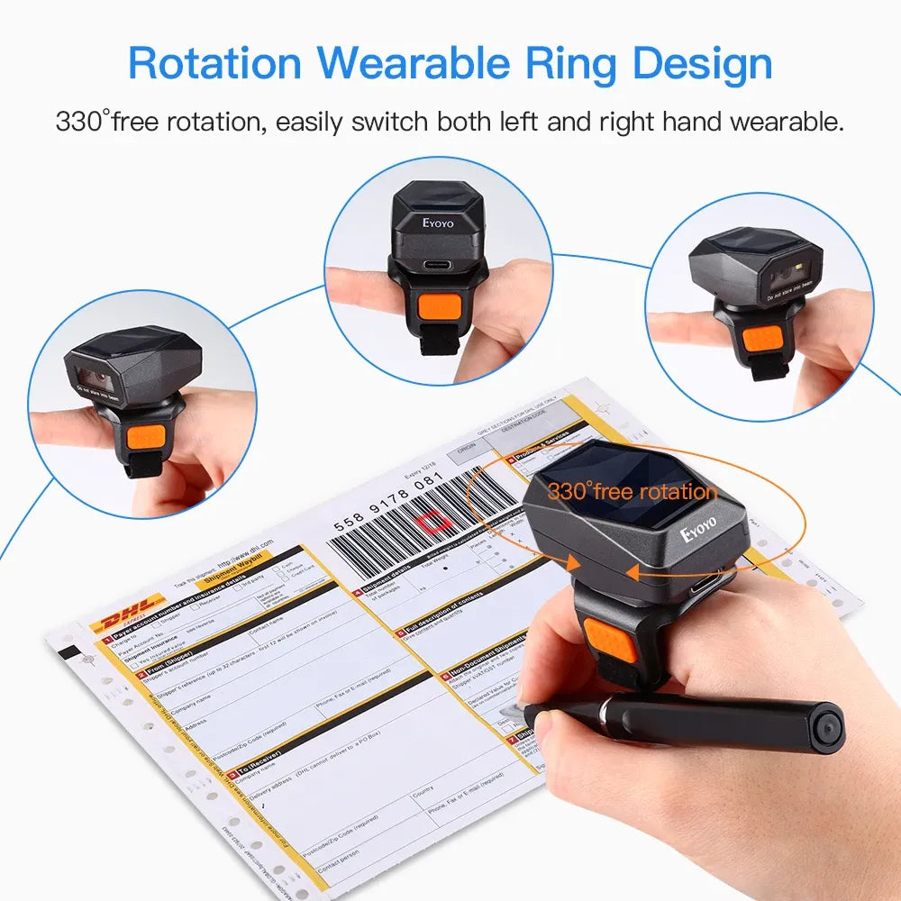 Black wearable ring barcode scanner with orange button on finger, adjustable head