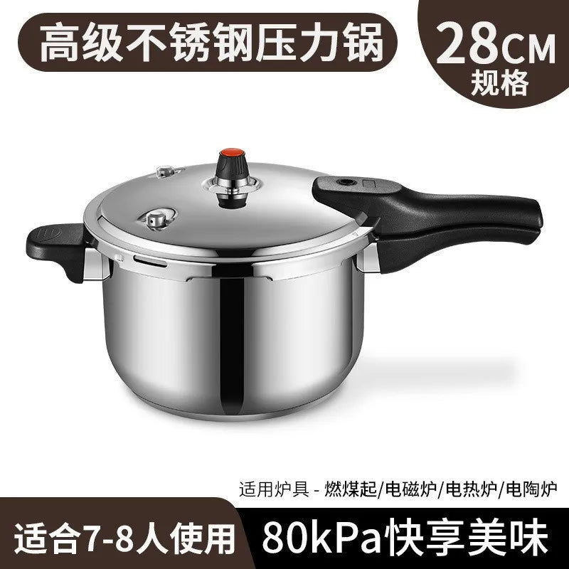 Stainless steel pressure cooker, 28cm size, black handles and steam valve knob