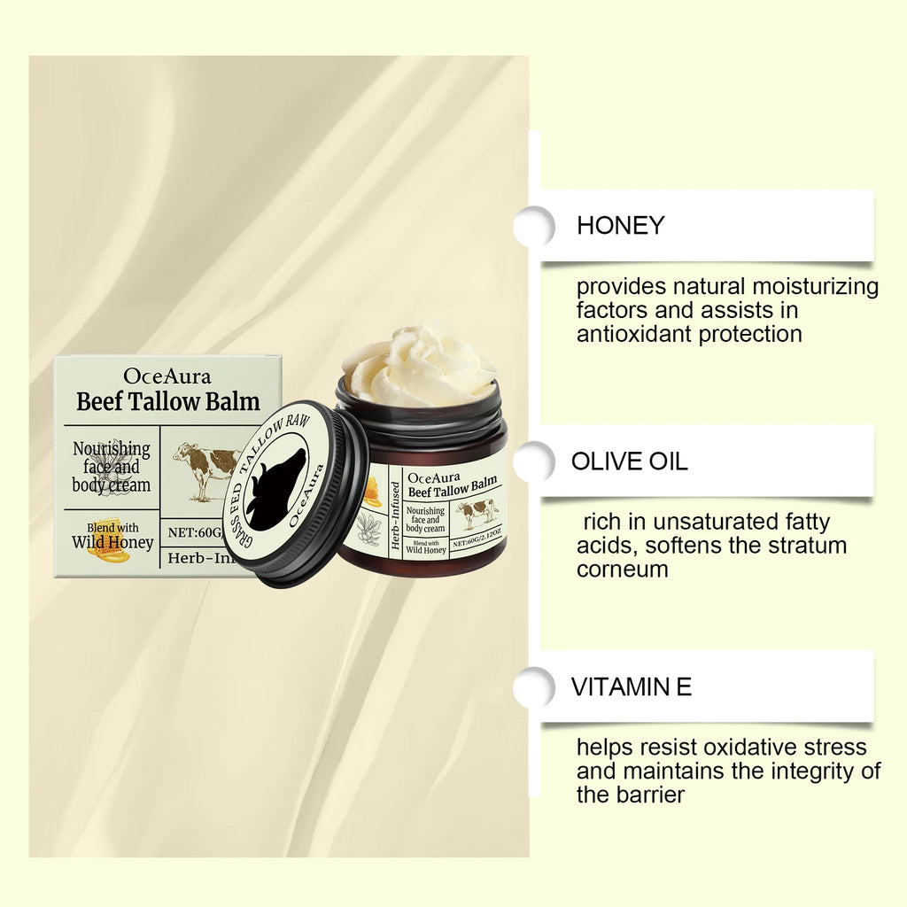 OceAura Beef Tallow Honey Balm Smooth Skin Barrier Repair Care Anti Cracking Body Moisturizer Olive Oil Nourishing Face Cream
