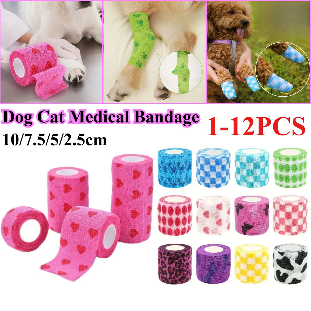 Colorful self-adherent elastic bandages for dogs and cats. Breathable, non-woven sports tape for pet injury support.
