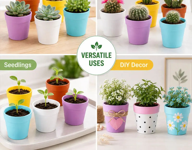 Assorted mini round plastic flower pots in purple, white, blue, and yellow for seedlings and DIY decor.