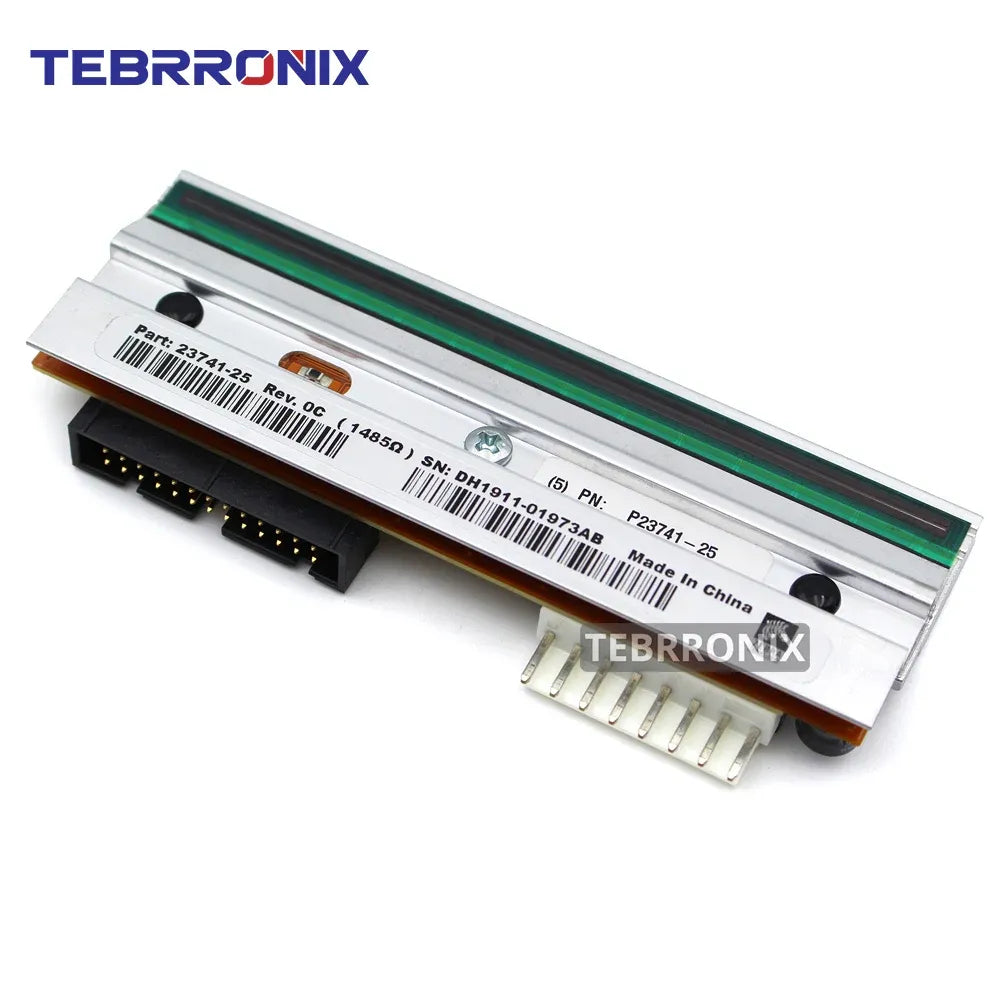 Thermal printhead with green stripe, barcode label, and row of metal pins