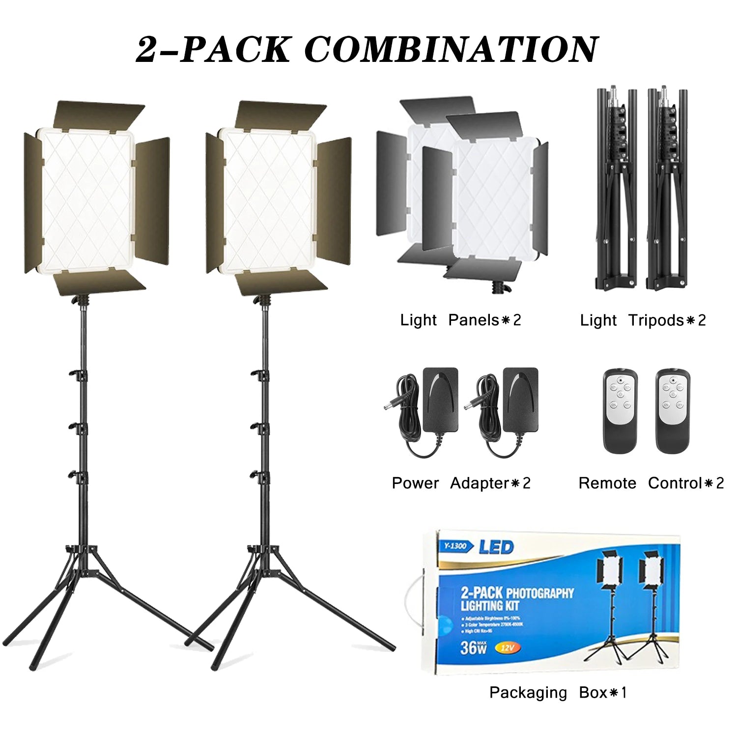 Two rectangular LED light panels with barn doors, adjustable tripods, power adapters, and remotes for photography.