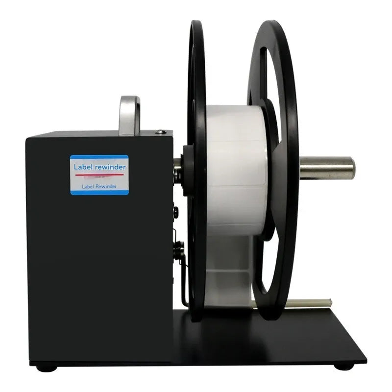 Automatic label rewinder machine with front black housing, dual rollers, and metal support shaft