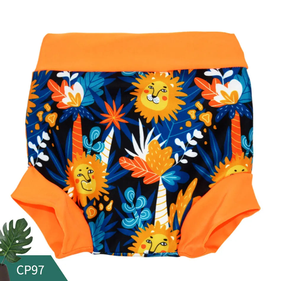 Baby swim diaper with orange trim and jungle lion print pattern. Reusable cloth diaper for infants.