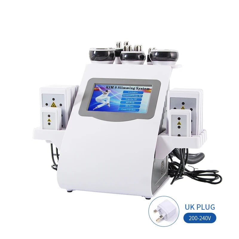 White 6-in-1 body slimming machine with a digital touchscreen, various attachment heads, and a UK plug adapter.