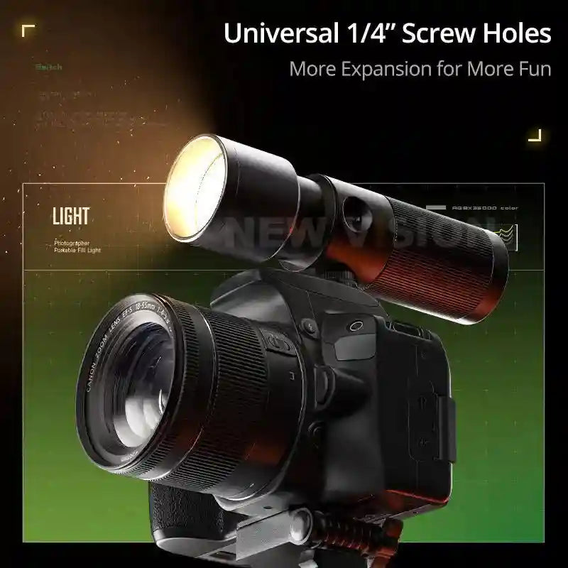 Black cylindrical portable LED fill light mounted on top of a DSLR camera.