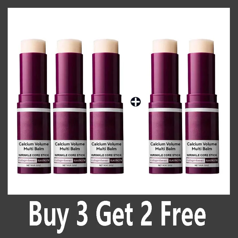Five maroon-colored Calcium Volume Multi Balm wrinkle sticks for skin elasticity, shown in a 3 plus 2 bundle.