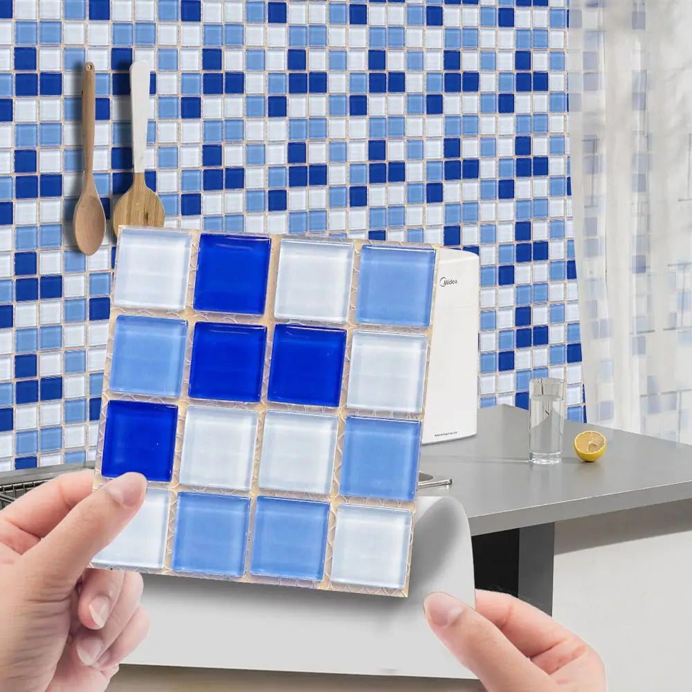 Removable 3D mosaic tile sticker sheet with blue and white square pieces