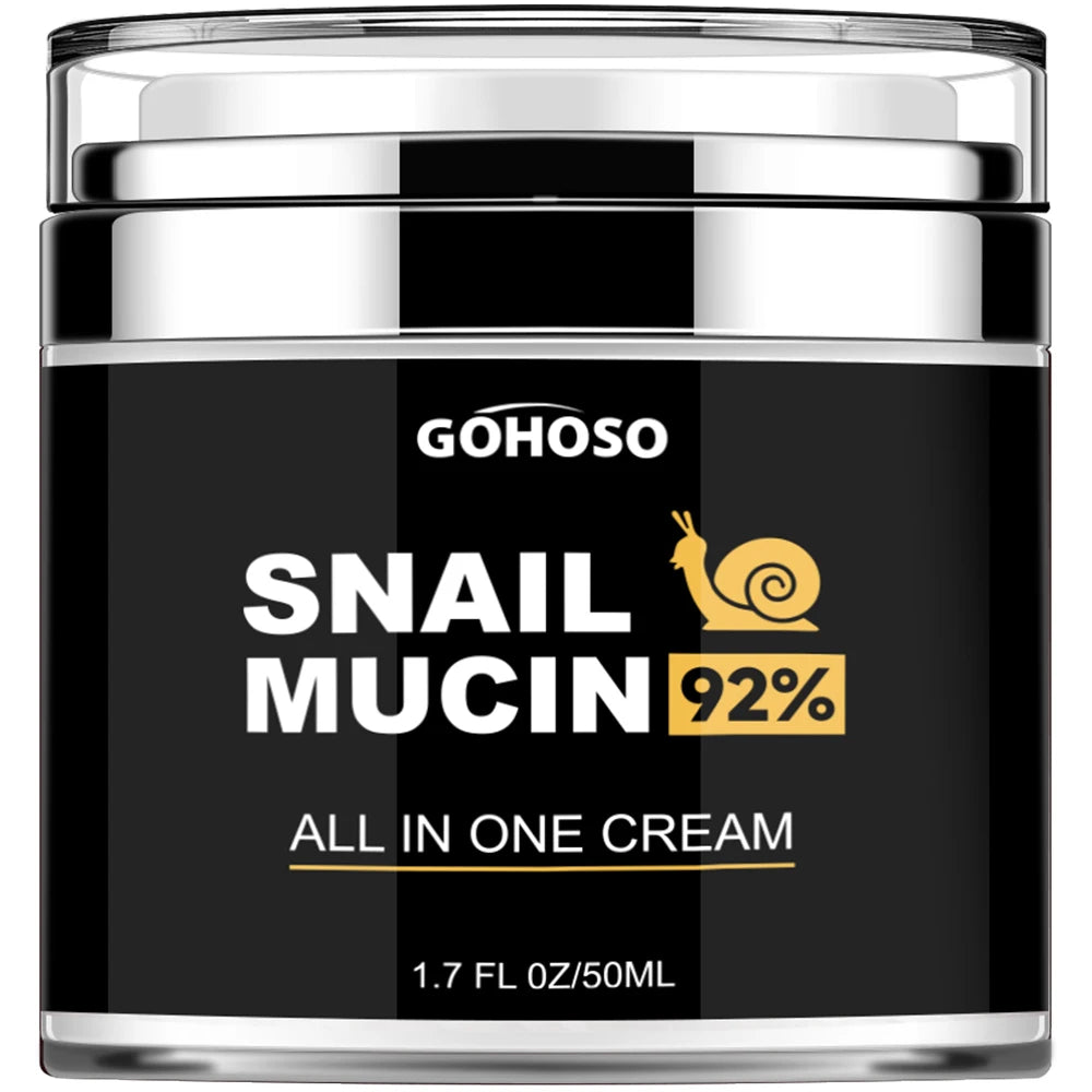 Black jar of Gohoso Snail Mucin 92% facial cream with a clear lid and metallic silver trim.